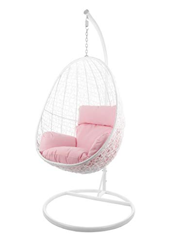 Kideo® Komplettset: Hängesessel mit Gestell & Kissen, Indoor & Outdoor, Poly-Rattan, Lounge (Gestell- und Korbfarbe: weiß, Kissen: rosa Nest (3002_Lemonade)) von Kideo