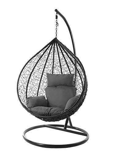 Kideo® Komplettset: XXL Hängesessel mit Gestell & Kissen, Lounge Möbel, Poly-Rattan, schwarz, edel, groß (Kissen: Nest dunkelgrau (8999 Shadow)) von Kideo