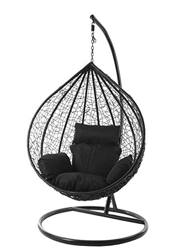 Kideo® Komplettset: XXL Hängesessel mit Gestell & Kissen, Lounge Möbel, Poly-Rattan, schwarz, edel, groß (Kissen: Nest schwarz (9999 Black)) von Kideo