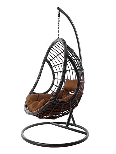 Kideo® Komplettset: großer Hängesessel mit Gestell & Kissen, Indoor & Outdoor, Poly-Rattan, grau, anthrazit (Kissen: Dunkelbraun Chesterstepp (7790 Chocolate)) von Kideo