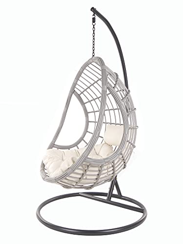 Kideo® Komplettset: großer Hängesessel mit Gestell & Kissen, Indoor & Outdoor, Poly-Rattan, grau, modern (Kissen: Elfenbein Chesterstepp (0050 Ivory), Korb & Gestell: grau) von Kideo