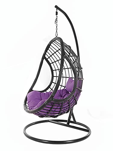 Kideo® Komplettset: großer Hängesessel mit Gestell & Kissen, Indoor & Outdoor, Poly-Rattan, schwarz (Kissen: lila Chesterstepp (4050 Violet), Korb & Gestell: schwarz) von Kideo