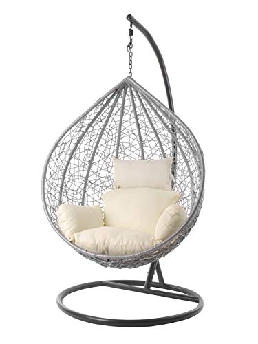 Kideo® Komplettset: großer Hängesessel mit Gestell & Kissen, Lounge Möbel, Poly-Rattan, XXL, grau (Kissen: Elfenbein Nest (0050 Ivory)) von Kideo