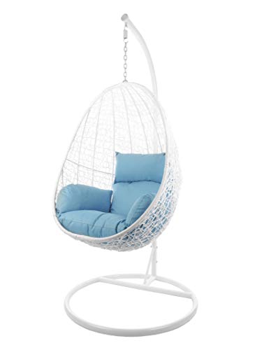 Kideo Komplettset: Hängesessel mit Gestell & Kissen, Indoor & Outdoor, Poly-Rattan, Lounge (Gestell- und Korbfarbe: weiß, Kissen: hellblau Nest (5050 Sky Blue)) von Kideo