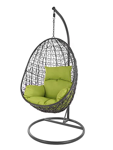 KIDEO Komplettset: Hängesessel mit Gestell & Kissen, Korbsessel, Poly-Rattan (Gestell- und Korbfarbe: dunkelgrau, Kissen: grün Nest (6068 Apple Green)) von Kideo