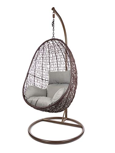 Kideo Komplettset: Hängesessel mit Gestell & Kissen, Lounge-Möbel, Poly-Rattan (Gestell- und Korbfarbe: braun, Kissen: grau Nest (8008 Cloud)) von Kideo