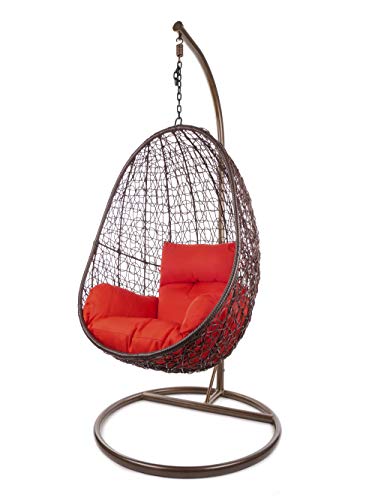 Kideo Komplettset: Hängesessel mit Gestell & Kissen, Lounge-Möbel, Poly-Rattan (Gestell- und Korbfarbe: braun, Kissen: rot Nest (3050 Scarlet)) von Kideo