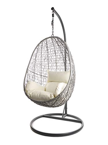 Kideo Komplettset: Hängesessel mit Gestell & Kissen, Lounge-Möbel, Poly-Rattan (Gestell- und Korbfarbe: grau, Kissen: Elfenbein Nest (0050_Ivory)) von Kideo