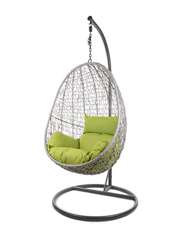 Kideo Komplettset: Hängesessel mit Gestell & Kissen, Lounge-Möbel, Poly-Rattan (Gestell- und Korbfarbe: grau, Kissen: grün Nest (6068 Apple Green)) von Kideo