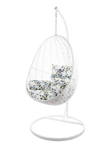 Kideo Komplettset: Hängesessel mit Gestell & Kissen, Lounge-Möbel, Poly-Rattan (Gestell- und Korbfarbe: weiß, Kissen: Blumenmuster Nest (1078_icerose)) von Kideo