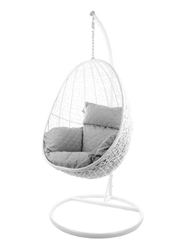 Kideo Komplettset: Hängesessel mit Gestell & Kissen, Lounge-Möbel, Poly-Rattan (Gestell- und Korbfarbe: weiß, Kissen: grau gesteppt Nest (8010_Diamond_Cloud)) von Kideo