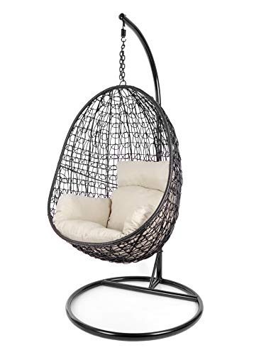 Kideo Komplettset: Hängesessel mit Gestell & Kissen, Poly-Rattan, Schaukel, Lounge (Gestell- und Korbfarbe: schwarz, Kissen: Elfenbein Nest (0050 Ivory)) von Kideo