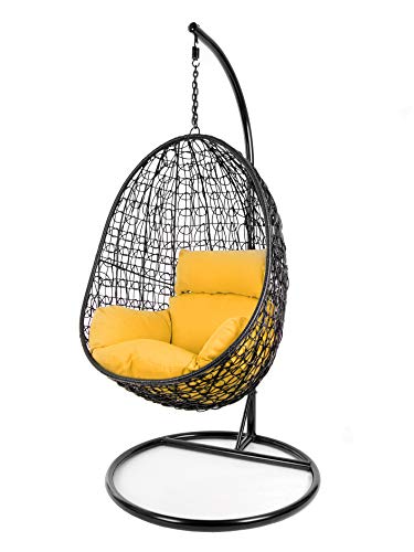 Kideo Komplettset: Hängesessel mit Gestell & Kissen, Poly-Rattan, Schaukel, Lounge (Gestell- und Korbfarbe: schwarz, Kissen: gelb Nest (2300 Pineapple)) von Kideo