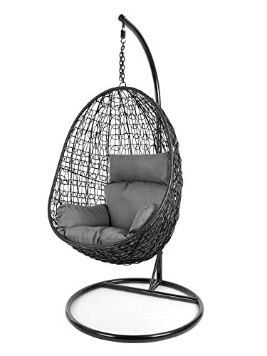 Kideo Komplettset: Hängesessel mit Gestell & Kissen, Poly-Rattan, Schaukel, Lounge (Gestell- und Korbfarbe: schwarz, Kissen: grau Nest (8999 Shadow)) von Kideo