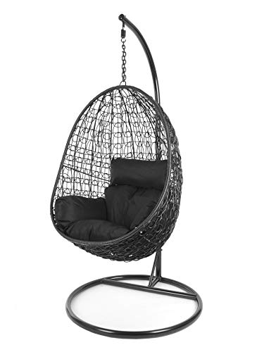 Kideo Komplettset: Hängesessel mit Gestell & Kissen, Poly-Rattan, Schaukel, Lounge (Gestell- und Korbfarbe: schwarz, Kissen: schwarz Nest (9999 Black)) von Kideo