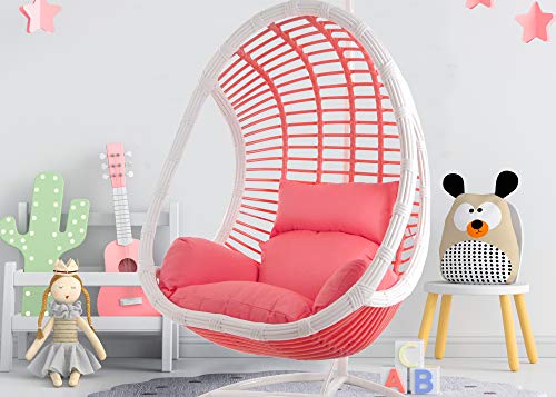 Kideo Komplettset: Pinker Hängesessel mit Gestell & Kissen, Poly-Rattan, Schaukel, Lounge weiß, Coral, von Kideo