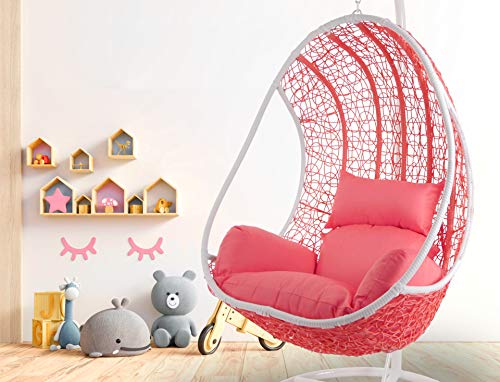 Kideo Komplettset: Pinker Hängesessel mit Gestell & Kissen, Poly-Rattan, Schaukel, Lounge weiß, Coral, von Kideo