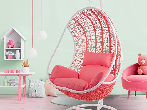 Kideo Komplettset: coralfarbener Hängesessel mit Gestell & Kissen, Poly-Rattan, Schwingsessel, Lounge weiß, Coral, von Kideo