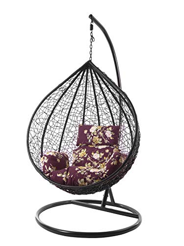 KIDEO Komplettset: großer Hängesessel mit Gestell & Kissen, Korbsessel, Poly-Rattan (Korb & Gestell: schwarz, Kissen: Blumenmuster Nest (3905_vino_Tinto)) von Kideo
