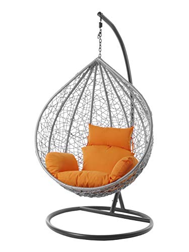 Kideo Komplettset: großer Hängesessel mit Gestell & Kissen, Indoor & Outdoor, Poly-Rattan (Korb: hellgrau & Gestell: grau, Kissen: orange Nest (3030 Tangerine)) von Kideo