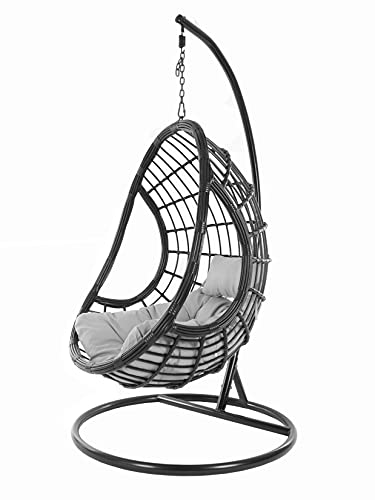 Kideo Komplettset: großer Hängesessel mit Gestell & Kissen, Korbsessel, Poly-Rattan, schwarz (Kissen: grau Chesterstepp (8008 Cloud), Korb & Gestell: schwarz) von Kideo