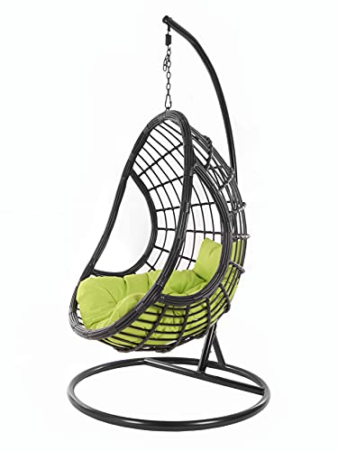 Kideo Komplettset: großer Hängesessel mit Gestell & Kissen, Korbsessel, Poly-Rattan, schwarz (Kissen: grün Chesterstepp (6068 Apple Green), Korb & Gestell: schwarz) von Kideo