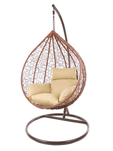 Kideo Komplettset: großer Hängesessel mit Gestell & Kissen, Korbsessel, Poly-Rattan (Korb & Gestell: braun, Kissen: Hellbraun Nest (7007_capucchino)) von Kideo