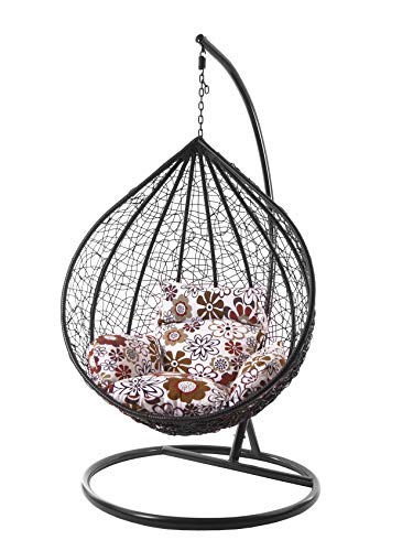 KIDEO Komplettset: großer Hängesessel mit Gestell & Kissen, Korbsessel, Poly-Rattan (Korb & Gestell: schwarz, Kissen: Blumenmuster Nest (3762 Retro Flowers) von Kideo