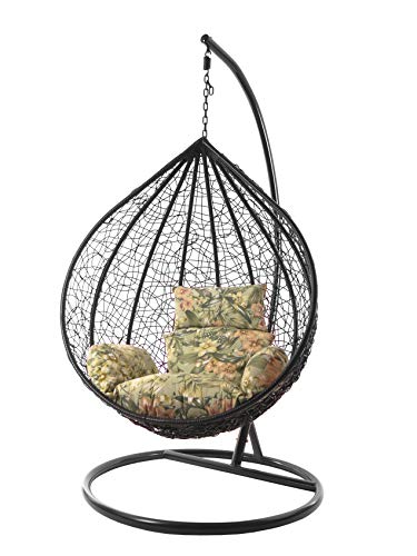 Kideo Komplettset: großer Hängesessel mit Gestell & Kissen, Korbsessel, Poly-Rattan (Korb & Gestell: schwarz, Kissen: Blumenmuster Nest (5101_Tropical_Garden)) von Kideo