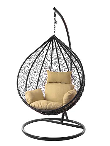 Kideo Komplettset: großer Hängesessel mit Gestell & Kissen, Korbsessel, Poly-Rattan (Korb & Gestell: schwarz, Kissen: Hellbraun Nest (7007_capucchino)) von Kideo