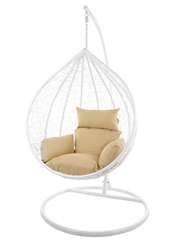 Kideo Komplettset: großer Hängesessel mit Gestell & Kissen, Korbsessel, Poly-Rattan (Korb & Gestell: weiß, Kissen: Hellbraun Nest (7007_capucchino)) von Kideo