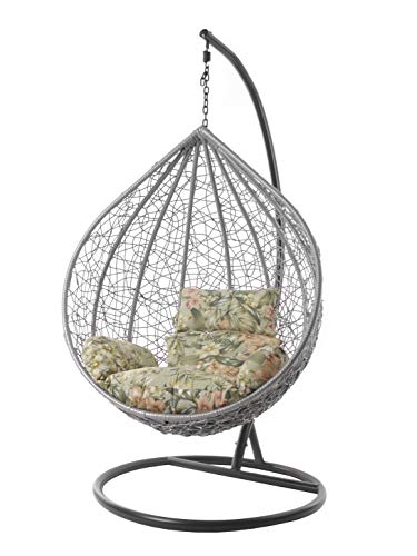 KIDEO Komplettset: großer Hängesessel mit Gestell & Kissen, Korbsessel, Poly-Rattan (Korb: hellgrau & Gestell: grau, Kissen: Blumenmuster Nest (5101_Tropical_Garden)) von Kideo