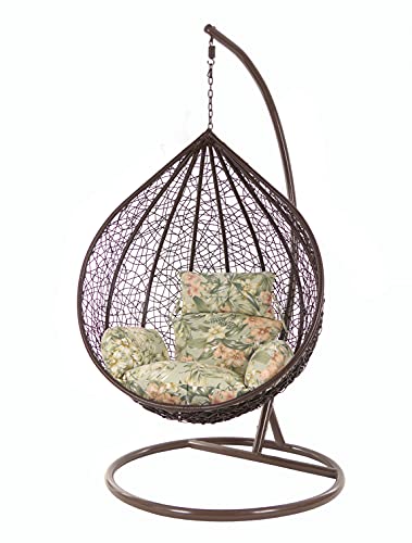 Kideo Komplettset: großer Hängesessel mit Gestell & Kissen, XXL Größe, Korbsessel, Poly-Rattan, (Korb & Gestell: Dunkelbraun, Kissen: Blumenmuster Nest (5101_Tropical_Garden)) von Kideo