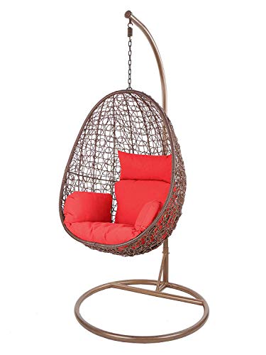 Kideo Swing Chair, Lounge-Möbel, Loungesessel Polyrattan, Hängestuhl, Hängesessel mit Gestell & Kissen (braun/rot) von Kideo