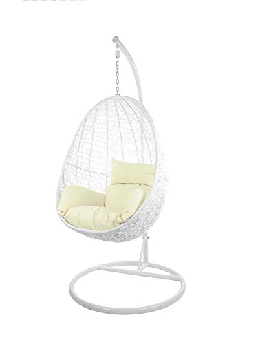 Kideo Swing Chair, Lounge-Möbel, Loungesessel Polyrattan, Hängestuhl, Hängesessel mit Gestell & Kissen (weiß/Elfenbein) von Kideo