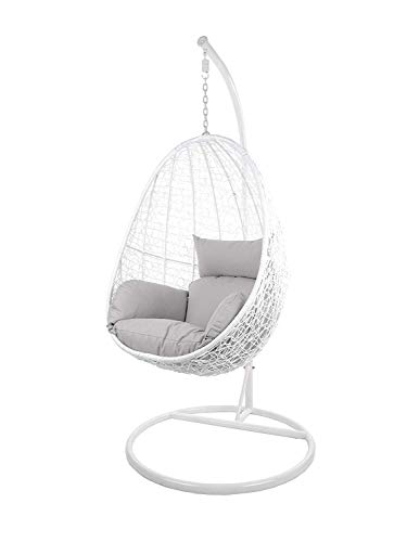 Kideo Swing Chair, Lounge-Möbel, Loungesessel Polyrattan, Hängestuhl, Hängesessel mit Gestell & Kissen (weiß/grau) von Kideo