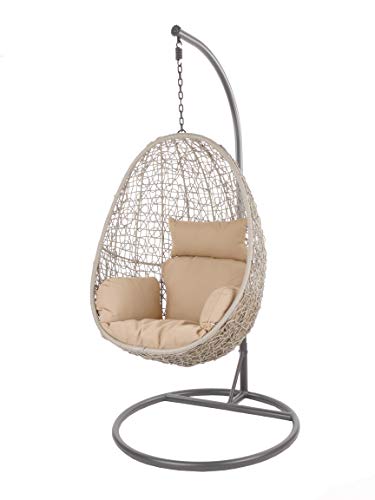 Kideo Swing Chair Indoor & Outdoor, Loungesessel Polyrattan, Hängestuhl, Hängesessel mit Gestell & Kissen (grau/beige) von Kideo