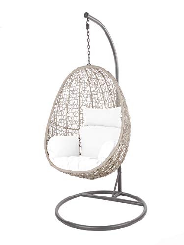 Kideo Swing Chair Indoor & Outdoor, Loungesessel Polyrattan, Hängestuhl, Hängesessel mit Gestell & Kissen (grau/weiß) von Kideo