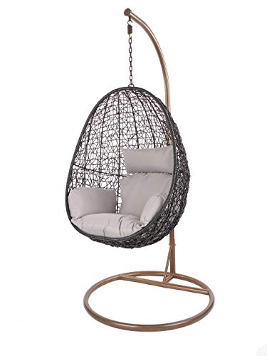 Kideo Swing Chair Indoor & Outdoor, Loungesessel Polyrattan, Hängestuhl, Hängesessel mit Gestell & Kissen (schwarz/grau) von Kideo