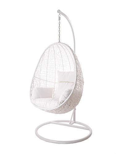 Kideo Swing Chair Indoor & Outdoor, Loungesessel Polyrattan, Hängestuhl, Hängesessel mit Gestell & Kissen (weiß/weiß) von Kideo