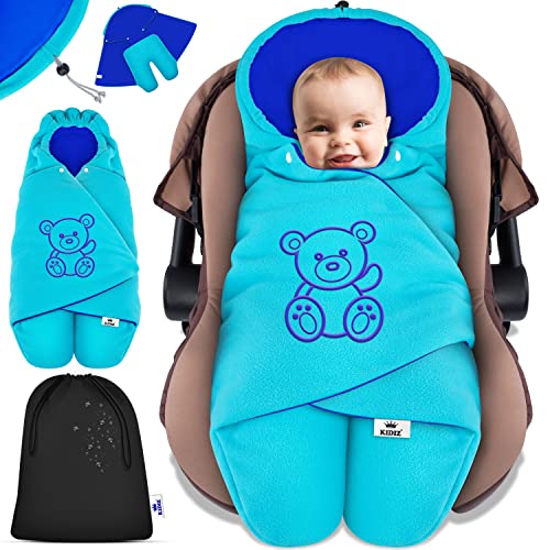 KIDIZ® Baby Einschlagdecke Winter mit Kapuze +Tasche Babyeinschlagdecke Universal für Babyschale, Autositz, z.B. für Maxi-Cosi, Römer für Buggy Babybett Kinderwagen & alle Gurtsysteme 3 & 5-Punkt Gurt von Kidiz