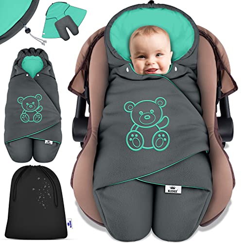 KIDIZ® Baby Einschlagdecke Winter mit Kapuze +Tasche Babyeinschlagdecke Universal für Babyschale, Autositz, z.B. für Maxi-Cosi, Römer für Buggy Babybett Kinderwagen & alle Gurtsysteme 3 & 5-Punkt Gurt von Kidiz