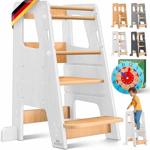 KIDIZ® Lernturm für Kinder ab 1 Jahr inkl. Lernuhr | 3-stufig Höhenverstellbarer Tritthocker aus Kiefernholz | spielerisch motorische Fähigkeiten fördern Montessori Learning Tower bis 50 kg belastbar von Kidiz