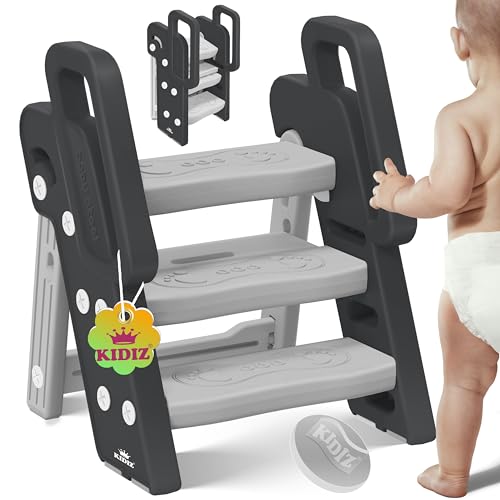 KIDIZ® Tritthocker für Kinder Trittleiter Klappbar mit 3 Stufen | Faltbarer Lern-Turm ab 18 Monaten bis 6 Jahren | Robust | Sicherer & Stabiler Trittschemel | Höhenverstellbar Rutschfest Grau von Kidiz
