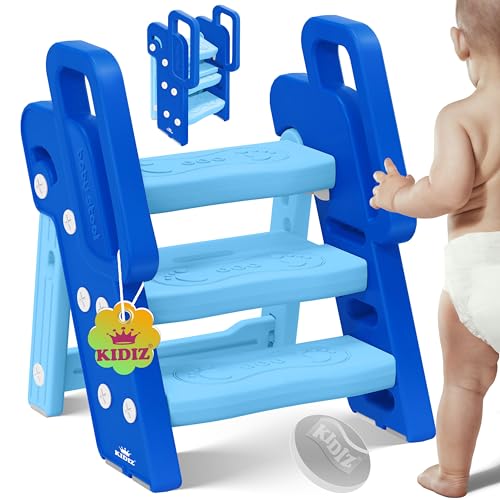 KIDIZ® Tritthocker für Kinder Trittleiter Klappbar mit 3 Stufen | Faltbarer Lern-Turm ab 18 Monaten bis 6 Jahren | Robust | Sicherer & Stabiler Trittschemel | Höhenverstellbar rutschfest Hellblau von Kidiz