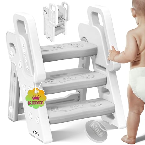 KIDIZ® Tritthocker für Kinder Trittleiter Klappbar mit 3 Stufen | Faltbarer Lern-Turm ab 18 Monaten bis 6 Jahren | Robust | Sicherer & Stabiler Trittschemel | Höhenverstellbar rutschfest Hellgrau von Kidiz