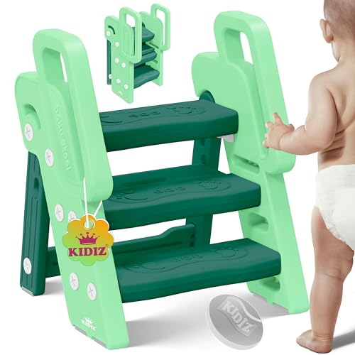 KIDIZ® Tritthocker für Kinder Trittleiter Klappbar mit 3 Stufen | Faltbarer Lern-Turm ab 18 Monaten bis 6 Jahren | Robust | Sicherer & Stabiler Trittschemel | Höhenverstellbar rutschfest Mint Grün von Kidiz