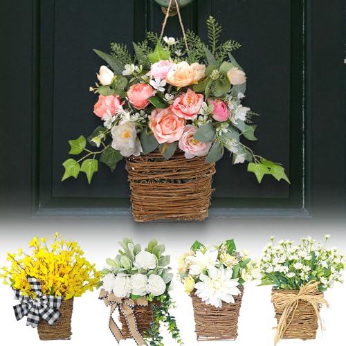 Cream Hydrangea Door Hanger Basket Wreath, 2024 Wildblumen-Tür-Hängekorb-Kranz, rosa Beeren-Wildblumen-Korbkranz für Haustür, Zuhause, Veranda, Wanddekoration (A) von Kidmis