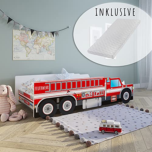 Kids Collective Autobett Kinderbett Jugendbett 70x140 | 80x160 cm mit Rausfallschutz & Matratze | Feuerwehr Feuerwehrauto Feuerwehrmann Kinder Spielbett von Kids Collective