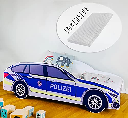 Kids Collective Autobett Kinderbett Jugendbett 80x160 mit Rausfallschutz & Matratze | Polizei Polizeiauto Polizist Kinder Spielbett von Kids Collective